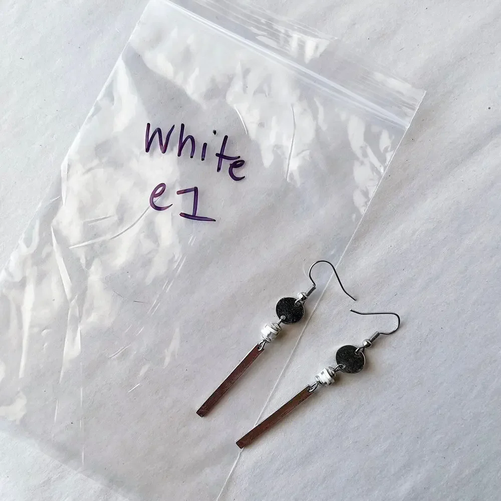Silver and White Dangly Earrings Handmade Jewelry E1